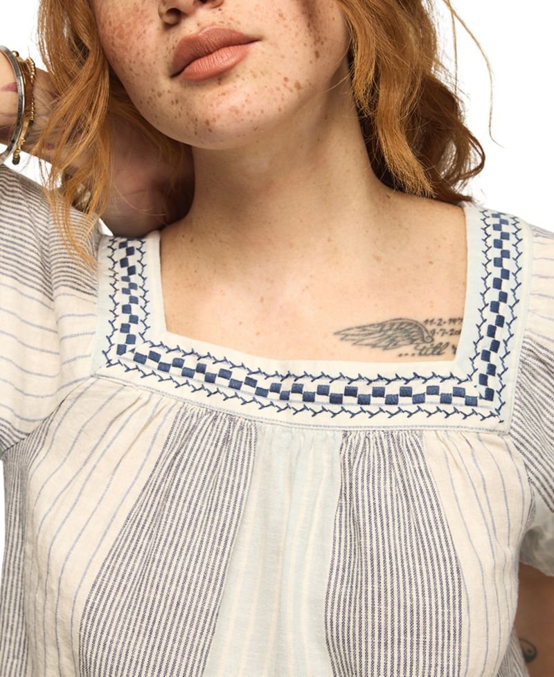 Women's Striped Square Neck Embroidered Top
