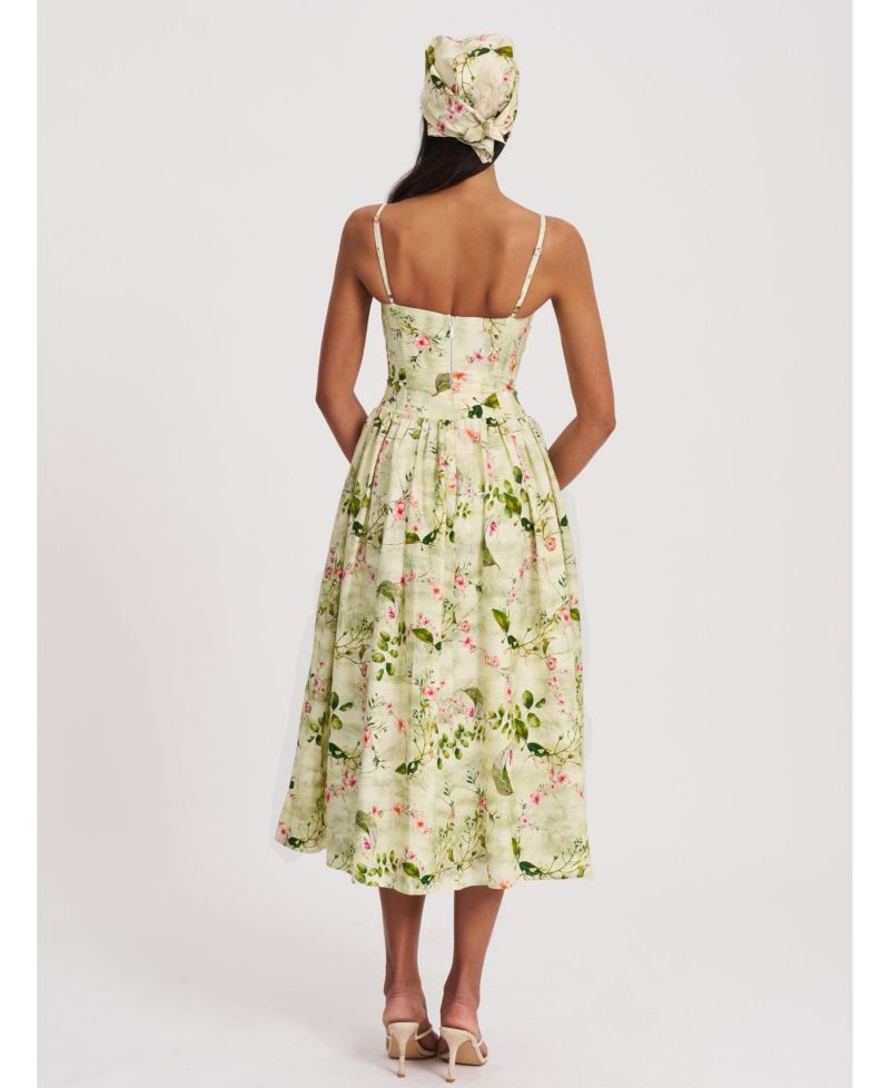 Women's Jacinda Green Floral Print Ruched Breast Linen Midi Dress