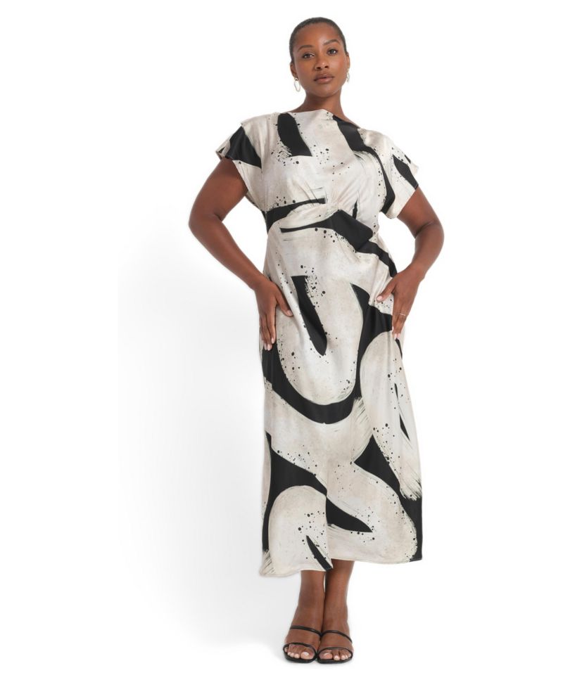 Plus Size Drew Printed Satin Fit-and-Flare Boat-Neck Midi Dress