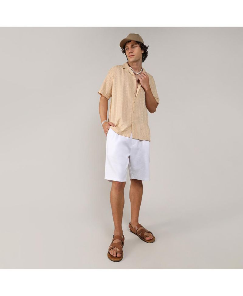 Men's Beige Embroidered Geometric Shirt