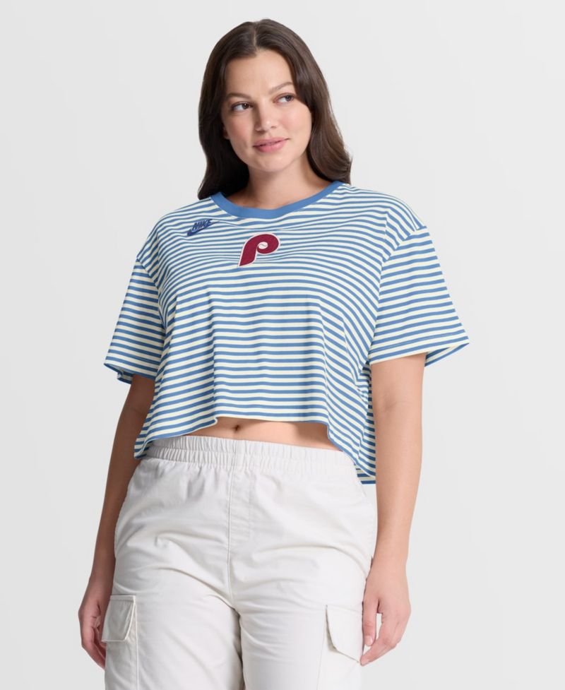 Women's Light Blue/Cream Philadelphia Phillies Cooperstown Collection Striped Cropped T-Shirt
