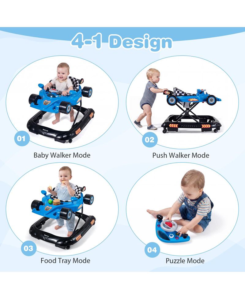 4-in-1 Foldable Baby Walker, Adjustable-Height, 4-Mode