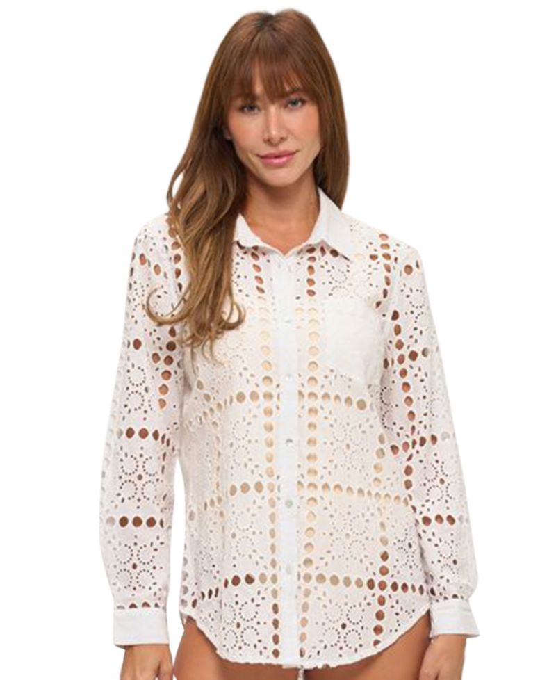 Women's Eyelet Openwork Dot Long-Sleeve Beach Shirt