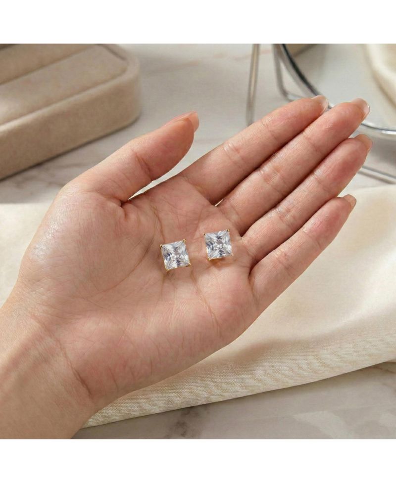 Radiant Sterling Silver Cubic Zirconia Square Stud Earrings