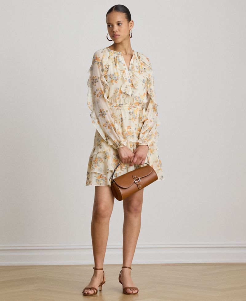 Petite Band Collar Floral Ruffle-Trim Tiered Dress