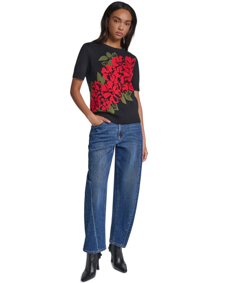 Women's Short-Sleeve Crewneck Rose-Print Pullover Sweater