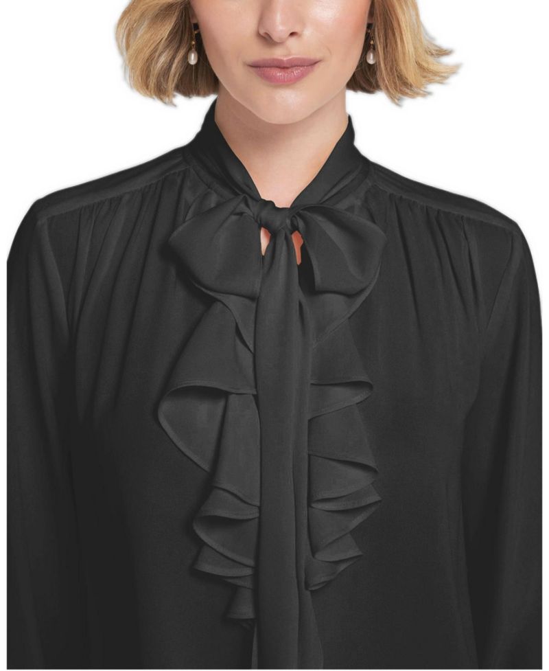Women's Flounce-Trimmed Tie-Neck Blouse Top