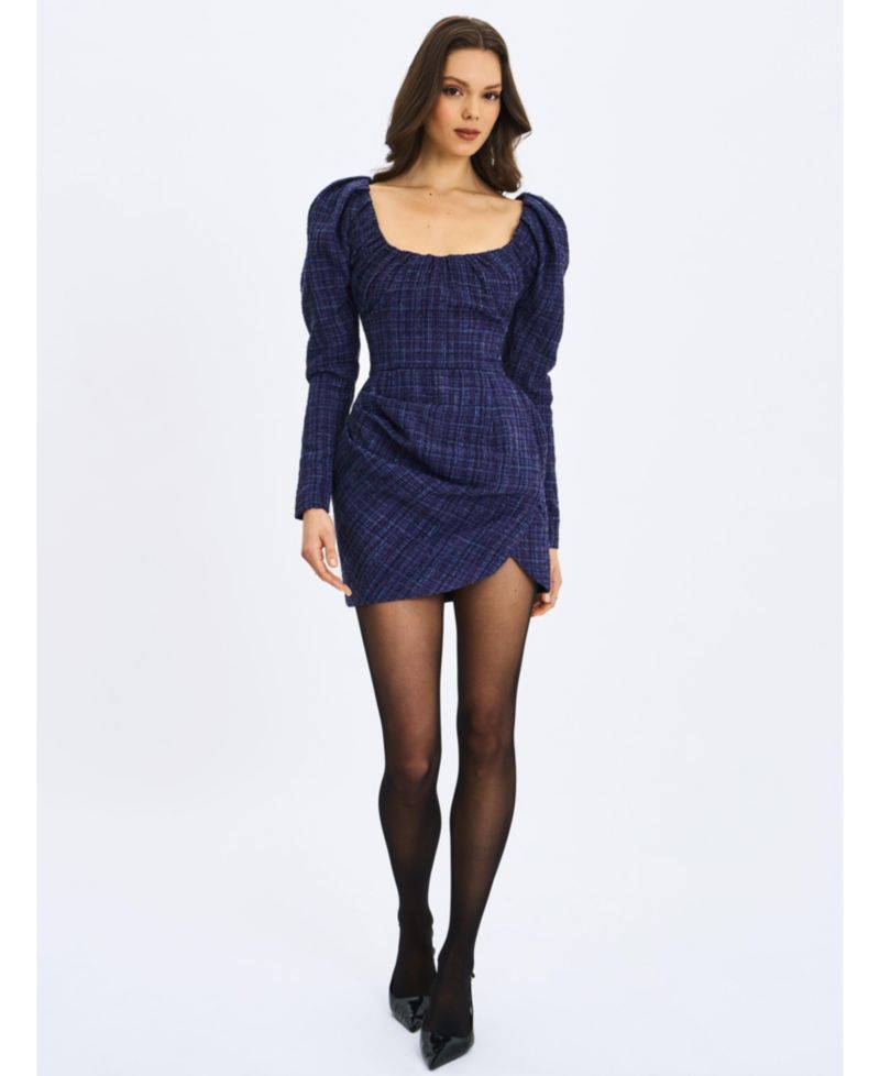 Women's Denise Navy Tweed Ruched Puff Sleeve Mini Dress