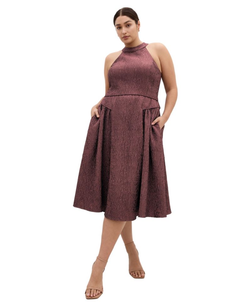 Plus Size Halter Jacquard A-Line Midi Dress
