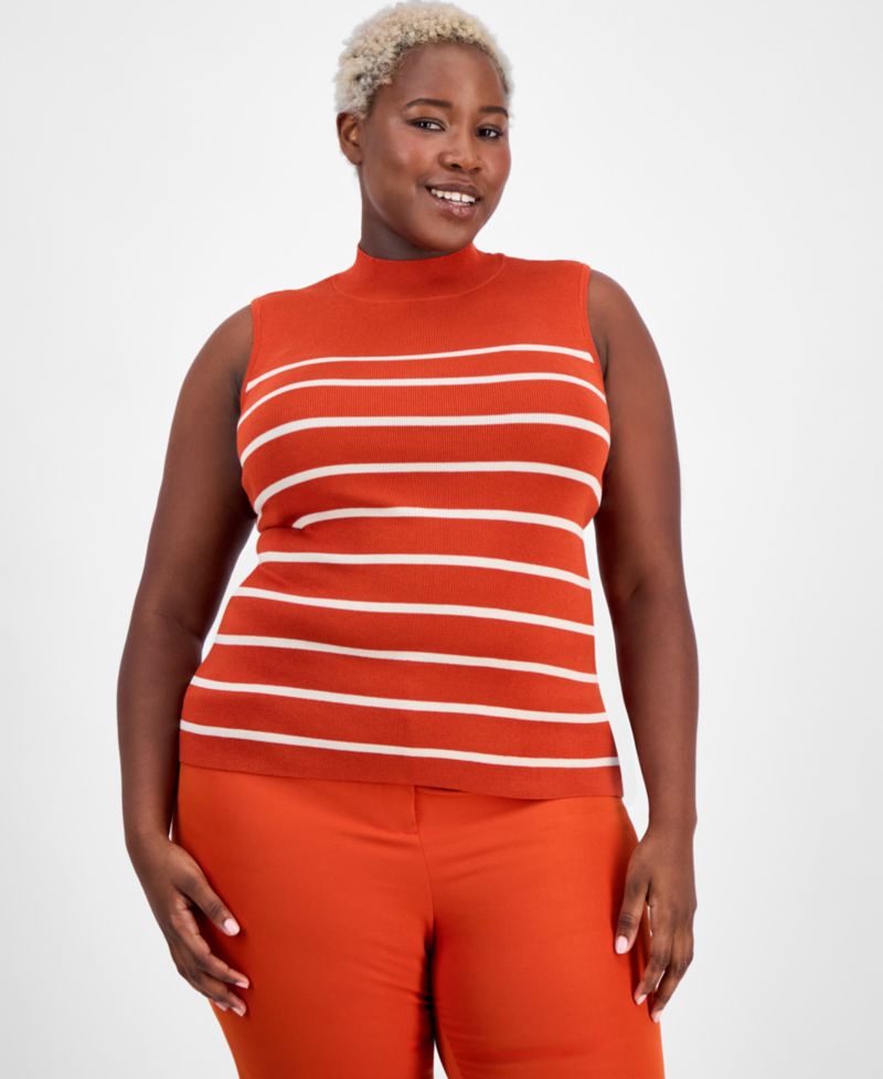 ASL Plus Size Striped Mock-Neck Sleeveless Sweater