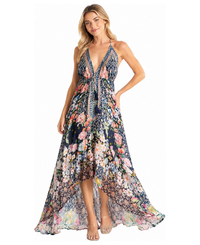 Women's Open Back Halter High-Low Maxi Dress