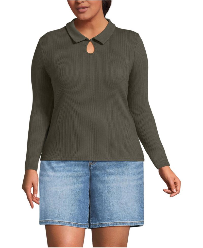 Plus Size Long Sleeve Pointelle Rib Keyhole Polo Top