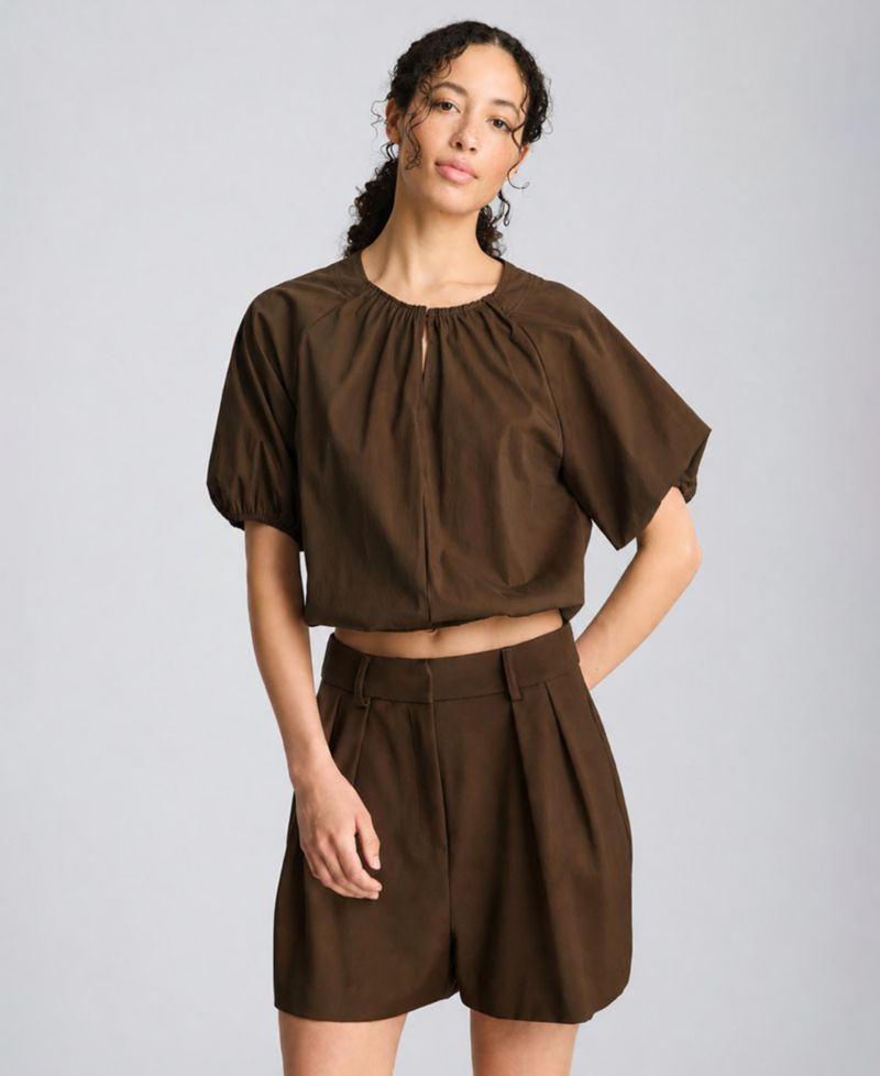 Women's Shirred Crewneck Cropped Bubble Blouse