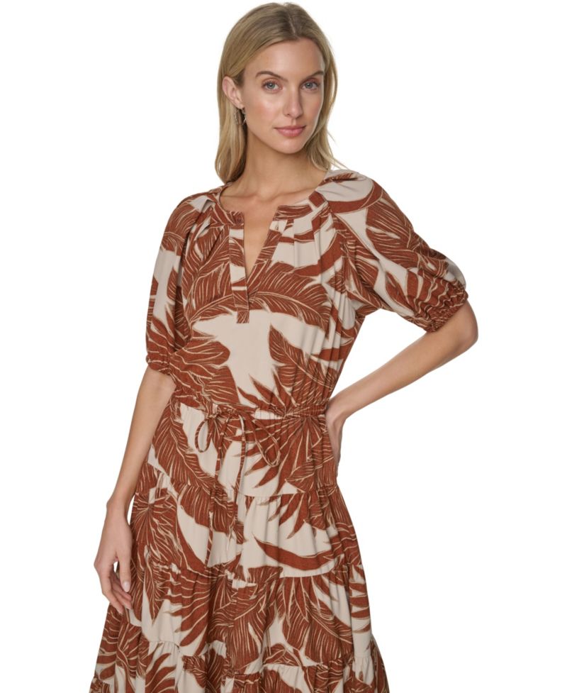 Women's Puff-Sleeve Floral Tiered Midi Dress