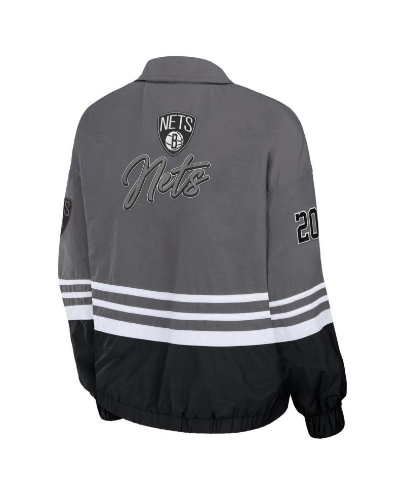 Women's Silver Distressed Brooklyn Nets Vintage-Like Full-Zip Windbreaker