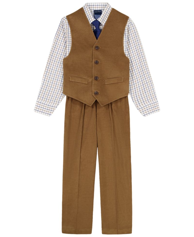 Baby Boys' Corduroy Check-Print Long-Sleeve Dress Shirt, Vest, Pants, and Tie, 4-Piece Set