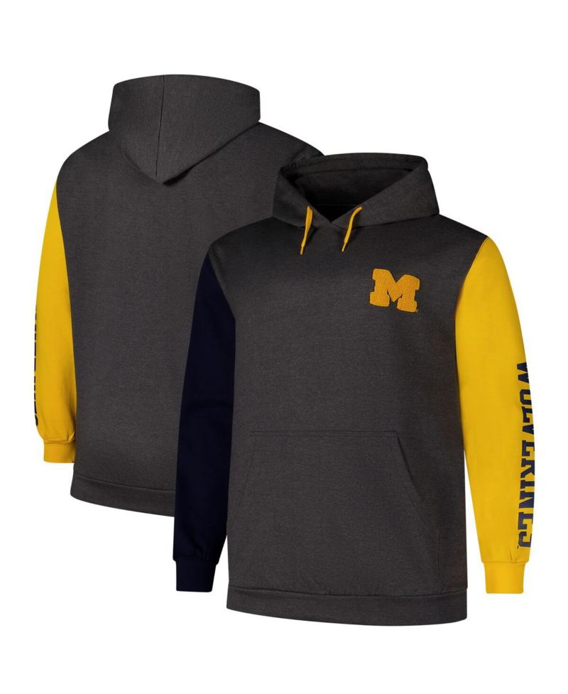 Men's Charcoal Michigan Wolverines Big & Tall Contrast Sleeves Pullover Hoodie