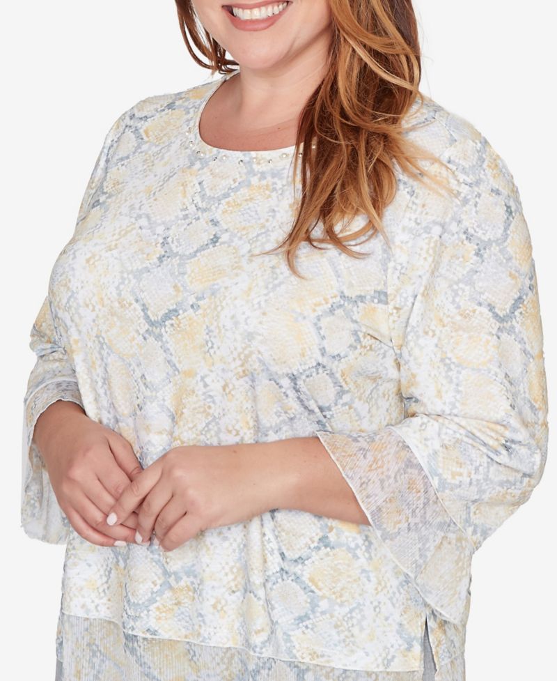Plus Size Al Fresco Python Printed Knit Flutter Sleeve Top