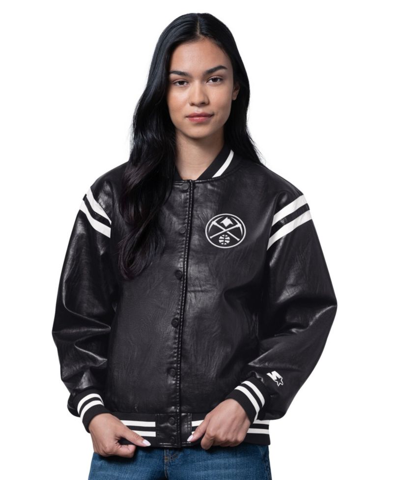 Women's Black Denver Nuggets High Heat Leather Varsity Full-Snap Jacket