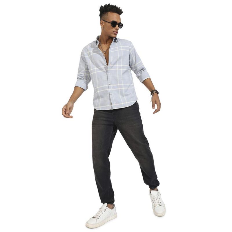 Men's Light Grey Contrast Tartan Plaid Shirt.