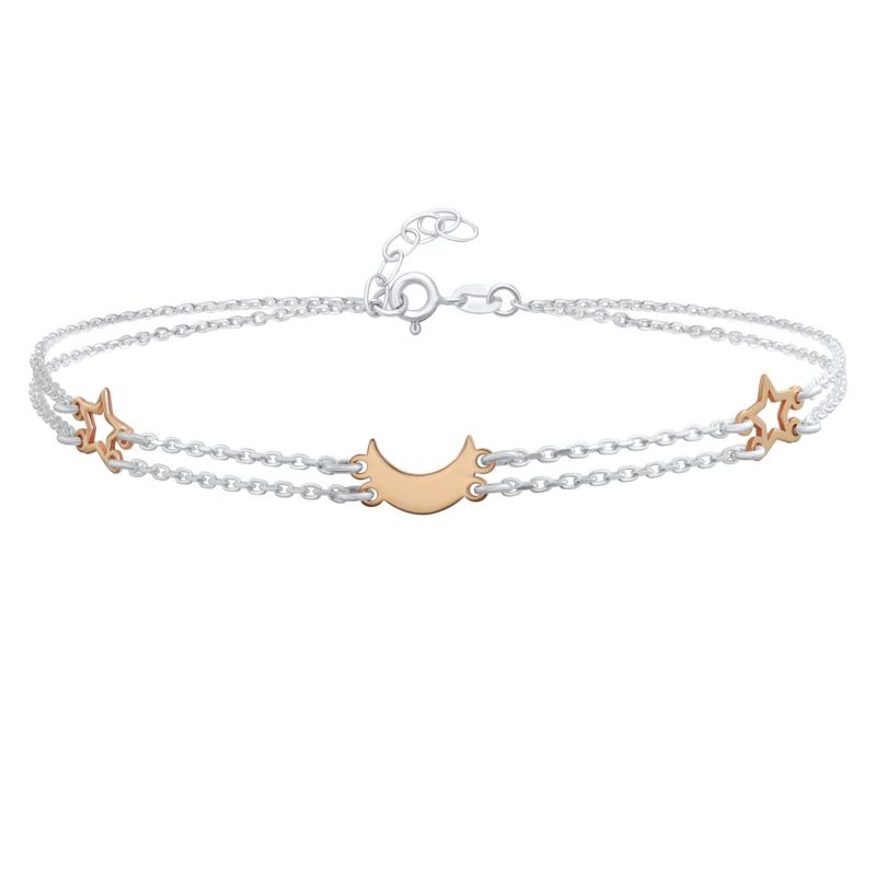 Moon and Stars Anklet Charm Bracelet Double Strand Rose Gold Sterling Silver