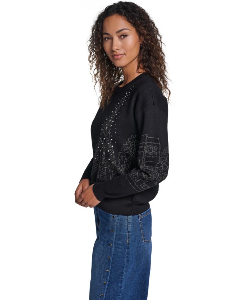 Women's Paris Scene Embellished Fitted Crewneck Sweater