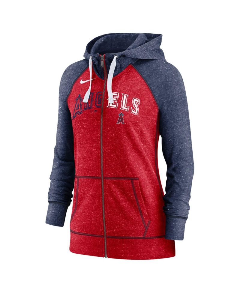 Women's Heathered Red and Heathered Navy Los Angeles Angels Split Wordmark Gym Vintage-Like Raglan Slub Full-Zip Hoodie