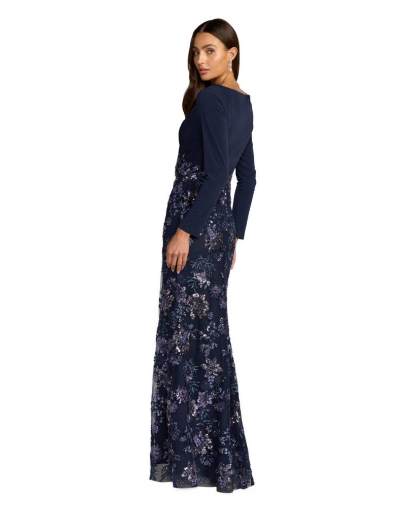 Women's Floral Embroidered Jersey Long Sleeve Gown