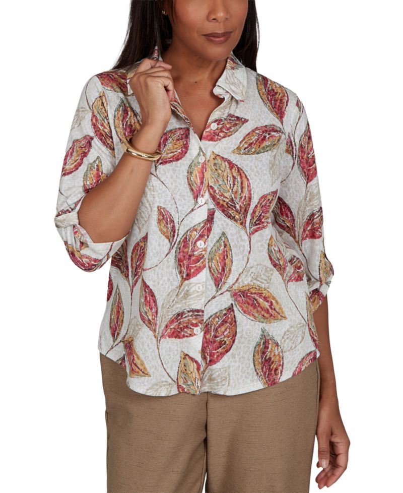 Petite Union Square Sketched-Leaf Print Roll-Tab Sleeves Button-Front Top