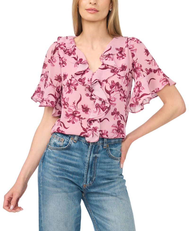Women's V-Neck Short-Flutter Sleeve Blouse