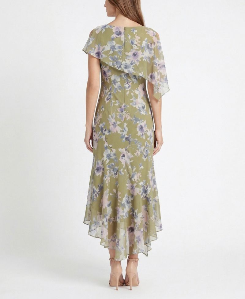 Women's Floral Print Capelet Fit & Flare Crewneck Dress