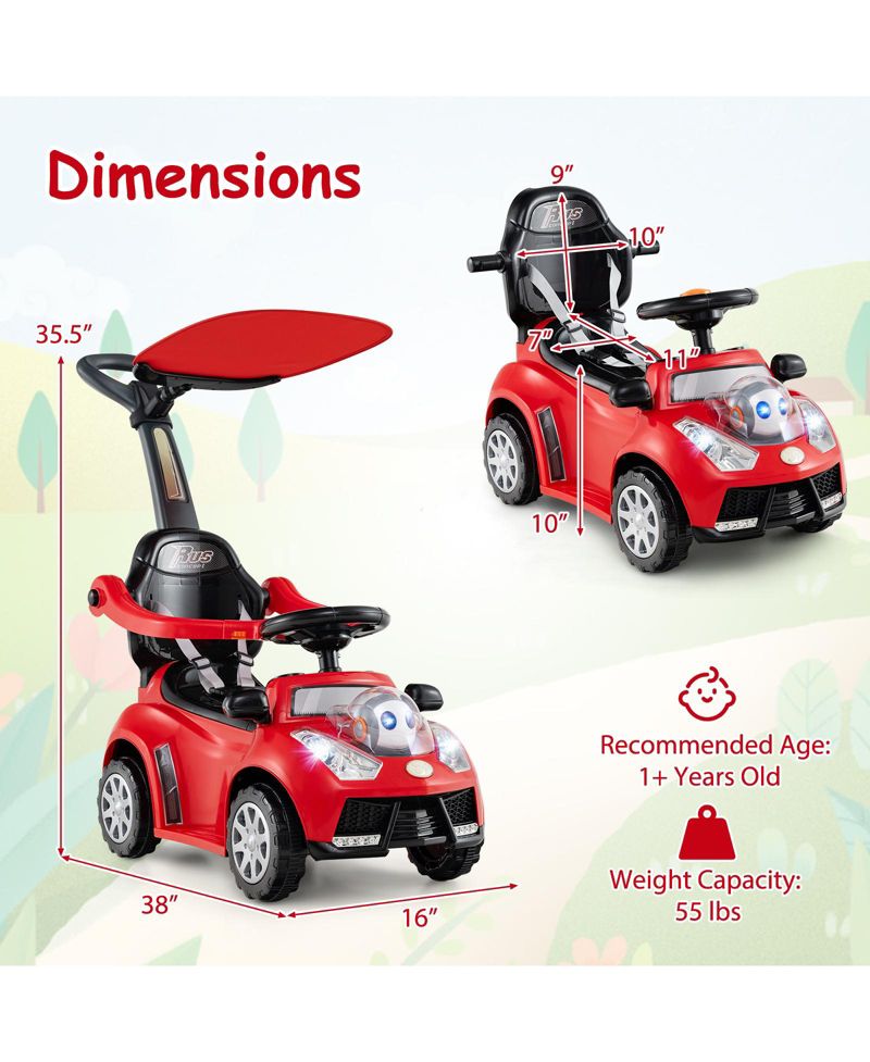 3-in-1 Sliding Walker w/ Adjustable Canopy Horn Music & Light for Boys & Girls