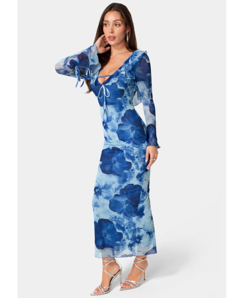 Women's Long-Sleeve Floral-Print Ruffle-Neck Maxi Dress