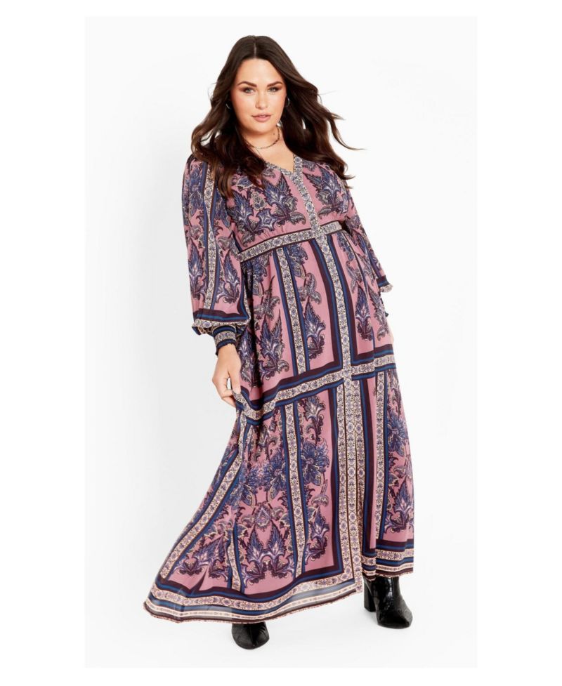 Women's Plus Size Serene Placement Sleeved Maxi Dress