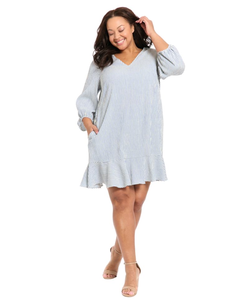 Plus Size 3/4-Length-Sleeve V-Neck Shift Dress