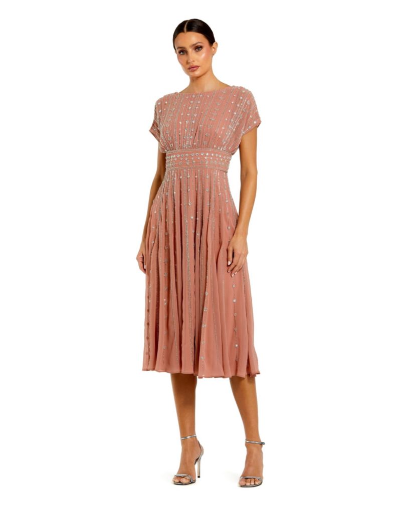 Women's Embellished Beaded Georgette Blouson A-Line Midi Dress