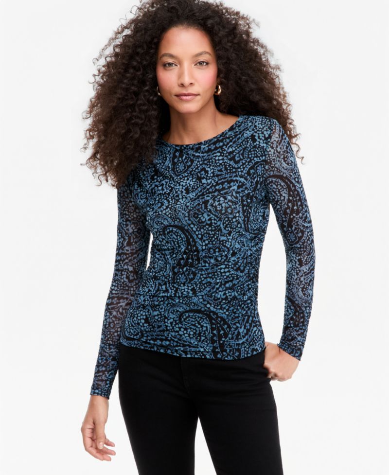 Women's Ruched Mesh Long-Sleeve Crewneck T-Shirt