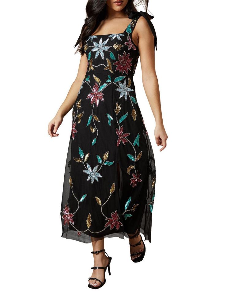 Women's Floral Embellished Split Midi Dress