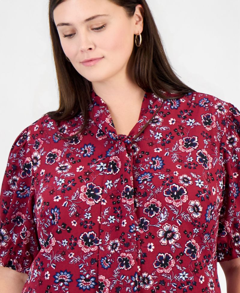 Plus Size Tie Neck Printed Puff Short-Sleeve Top