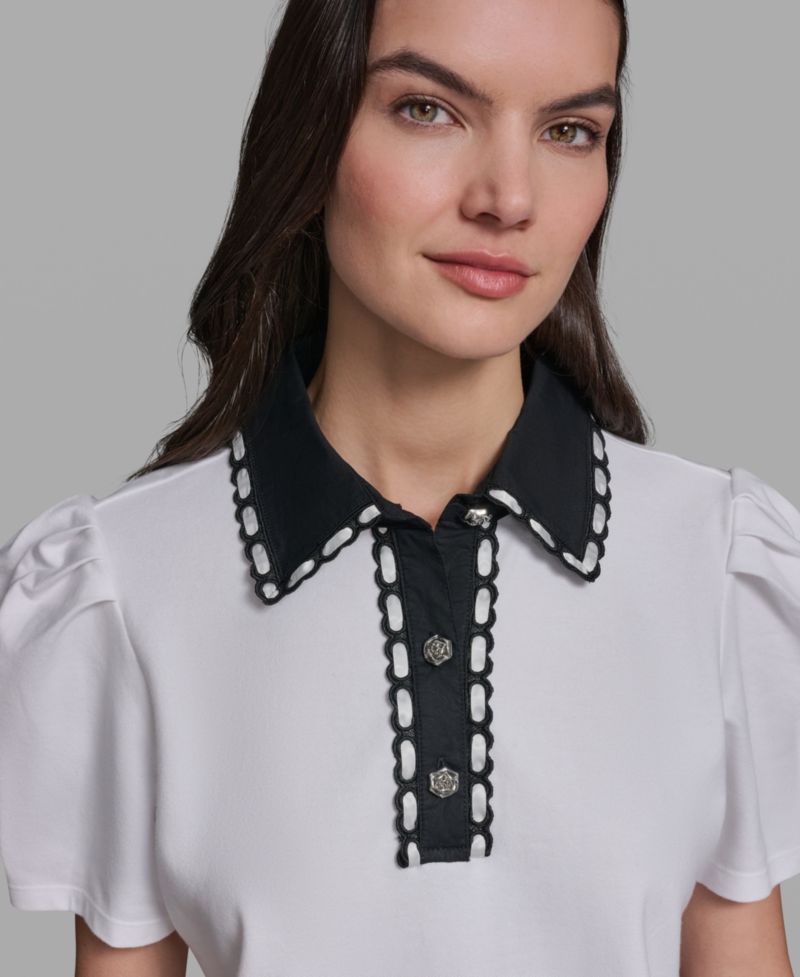 Petite Button-Up Polo Collar Top