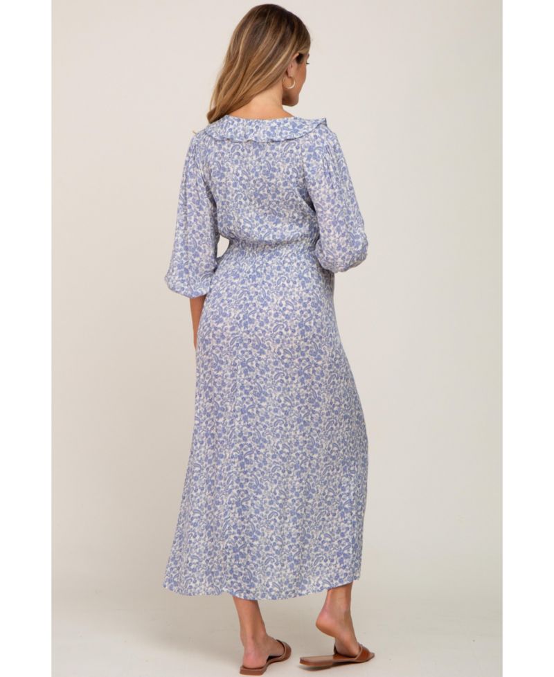 Women's Blue Floral Ruffle V-Neck Midi Dress