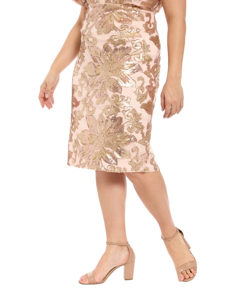 Plus Size Gold Floral Sequined Knee-length Pencil Skirt