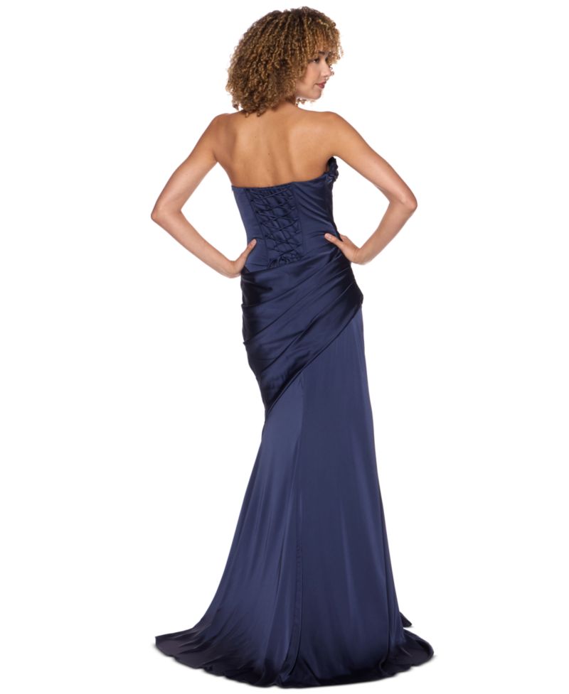 Juniors' Strapless Cowl Neck Long Gown