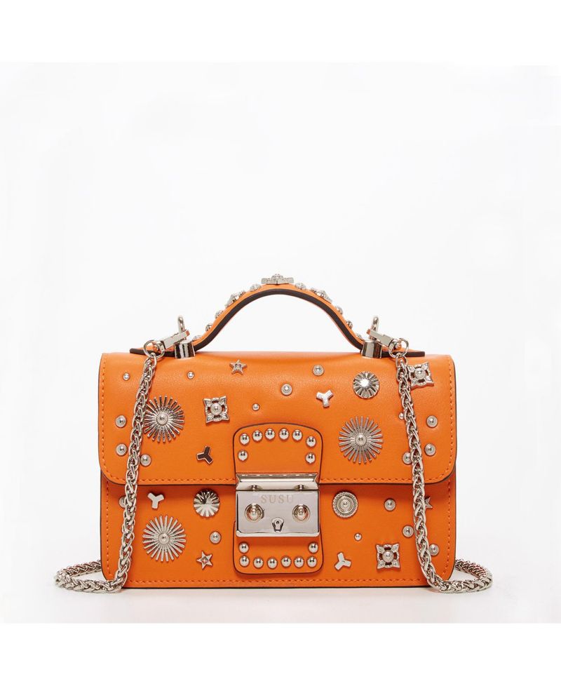 Hollywood Womens Leather Small Top Handle Purse Studded Mini Crossbody Bag Structured with Buckle Closure