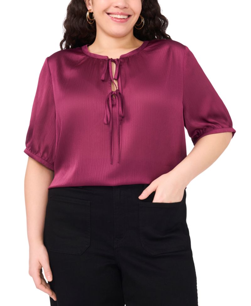 Plus Size Short Sleeve Tie Neck Top