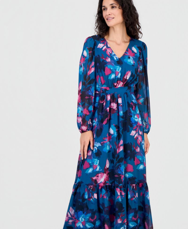 Women's Floral Balloon-Sleeve Smocked-Back Maxi Dress