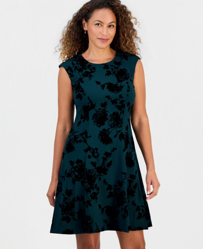 Petite Wedding Guest Floral-Print Flocked Dress
