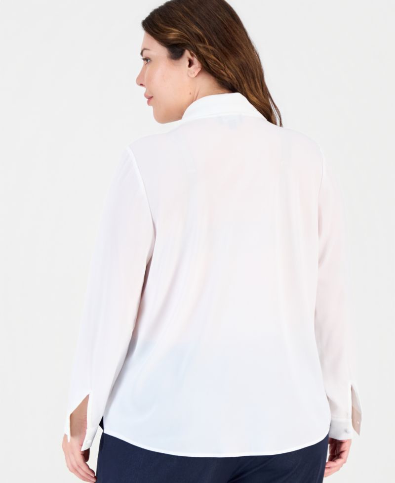 Plus Size Sailor Tie Long-Sleeve Blouse