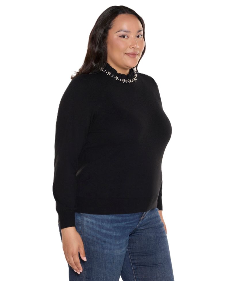 Plus Size Mock Neck Long-Sleeve Embellished Sweater