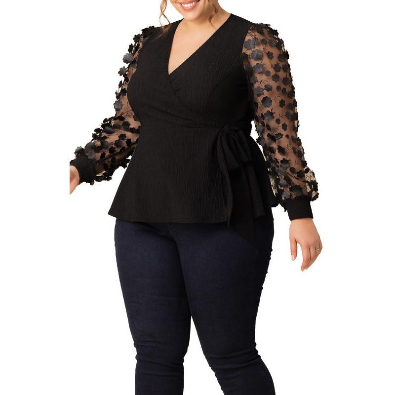 Plus Size Scattered Petals Long Sleeve Wrap Top
